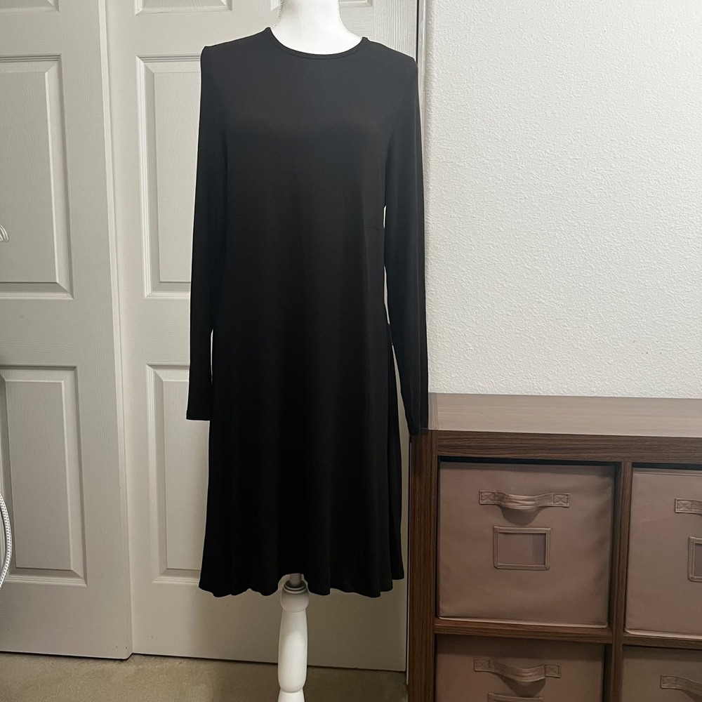 Eileen Fisher Black Viscose Italian Yarn Long Sleeve Midi Dress Medium